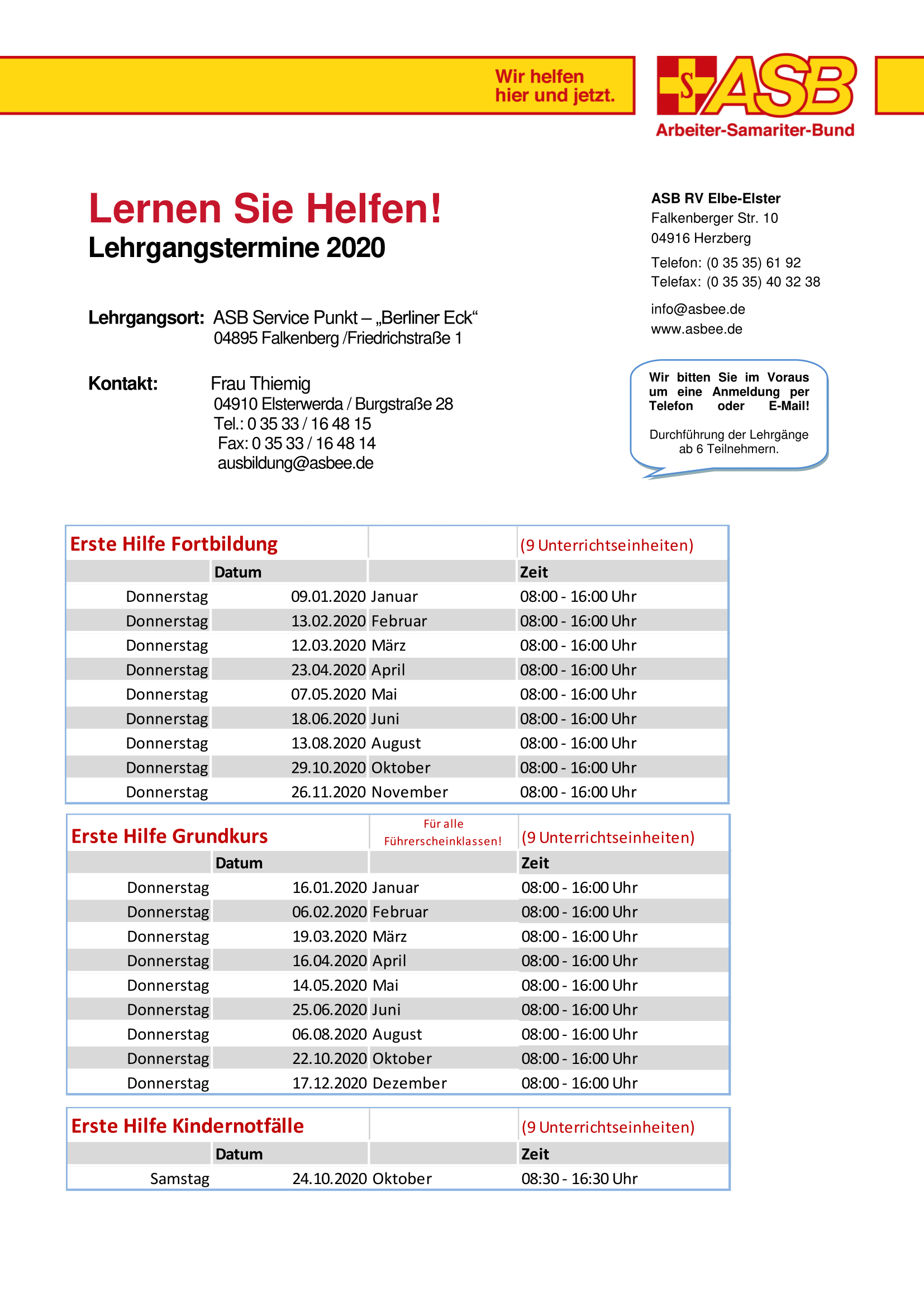 Lehrgangstermine Falkenberg 2020