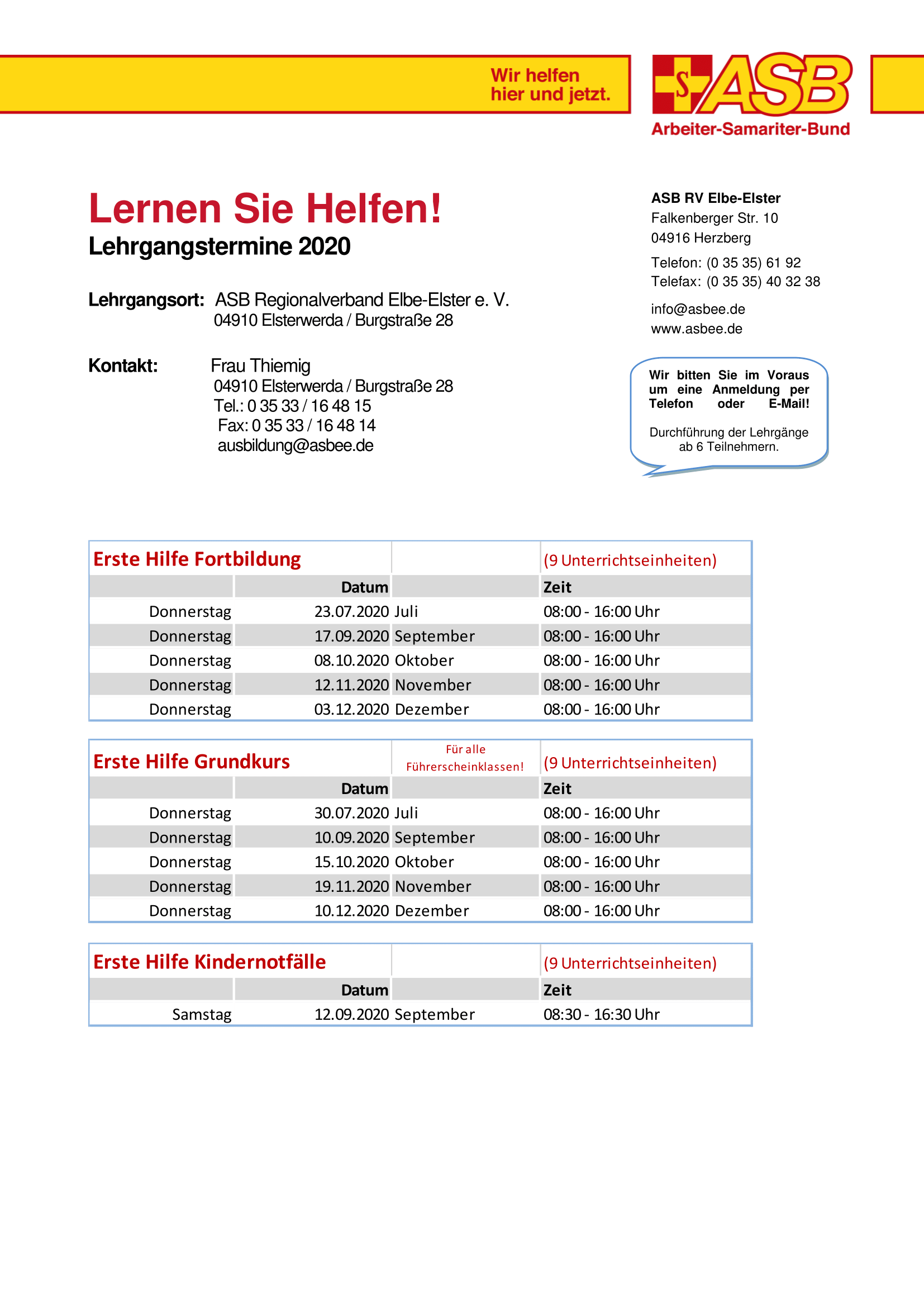 Lehrgangstermine Elsterwerda 2020